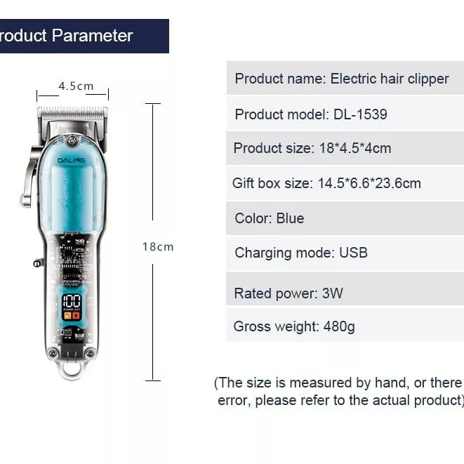 Daling Transparent Professional Hair Trimmer Rechargeable Cordless Barber Machine For Men