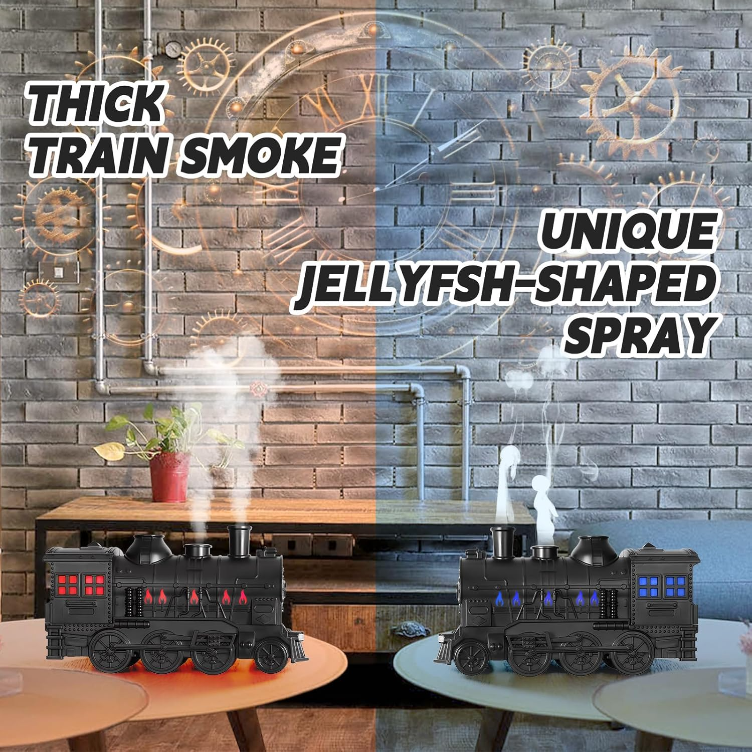 Steam Train Humidifier Dual Chimney Mist, 7 Color LED & Remote Control