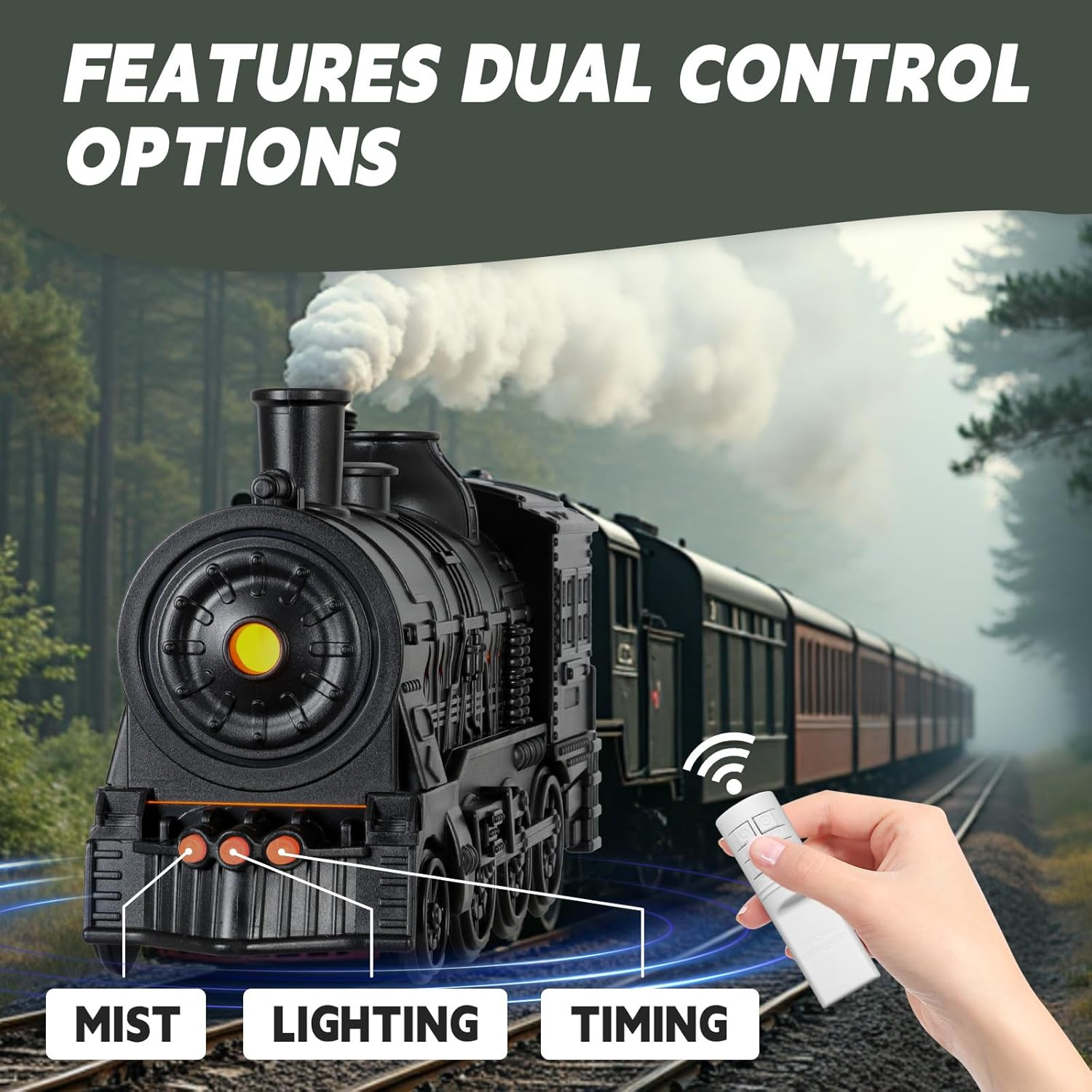 Steam Train Humidifier Dual Chimney Mist, 7 Color LED & Remote Control