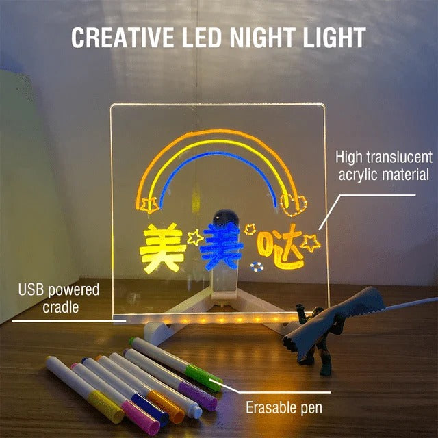Acrylic LED Message Board Night Light with 7 Neon Marker Pens – USB Powered Writing Board for Home, Kids & Car Decor
