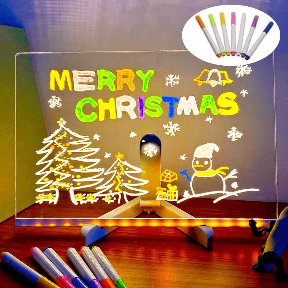 Acrylic LED Message Board Night Light with 7 Neon Marker Pens – USB Powered Writing Board for Home, Kids & Car Decor