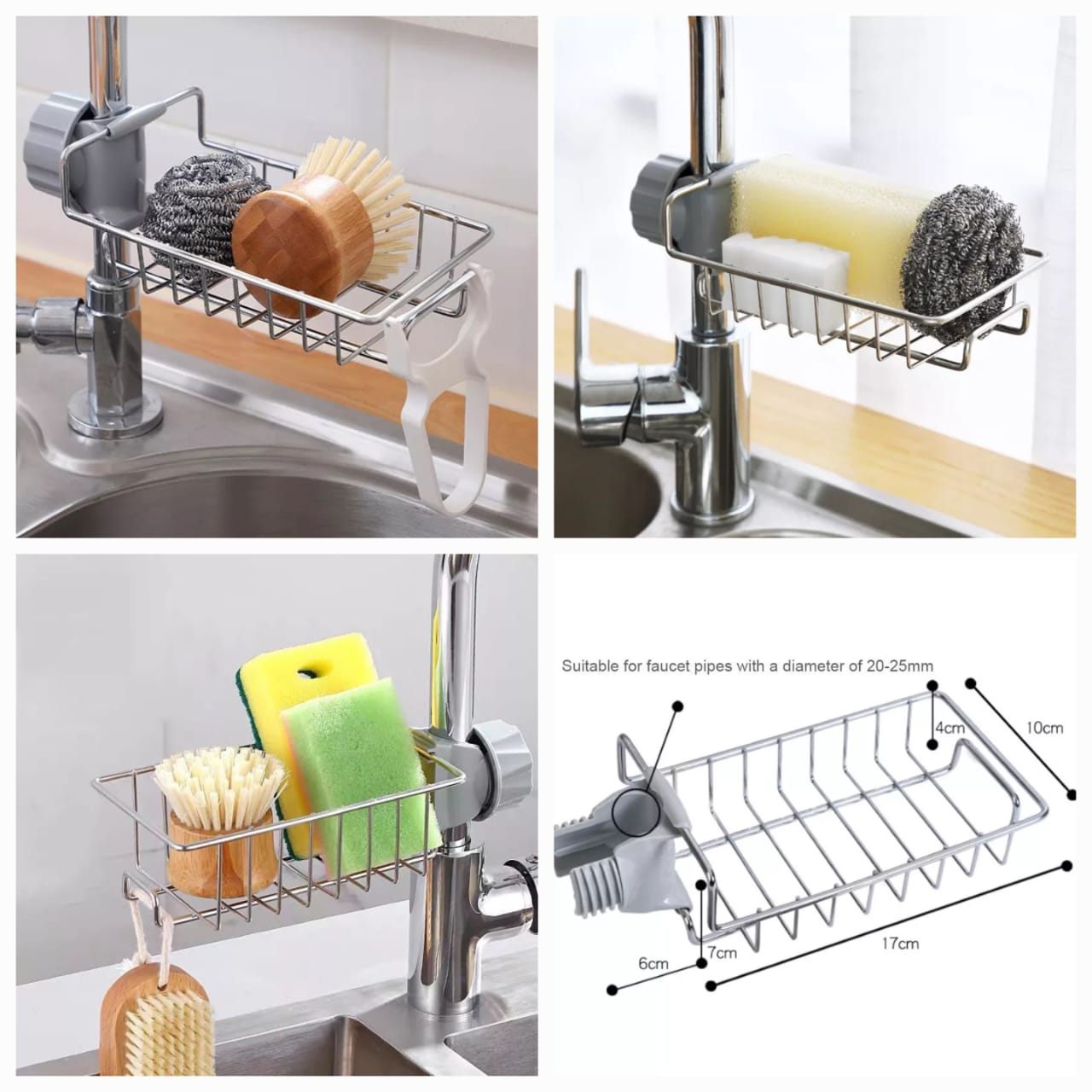 Stainless Steel Faucet Sink Caddy Sponge & Soap Organizer Rack