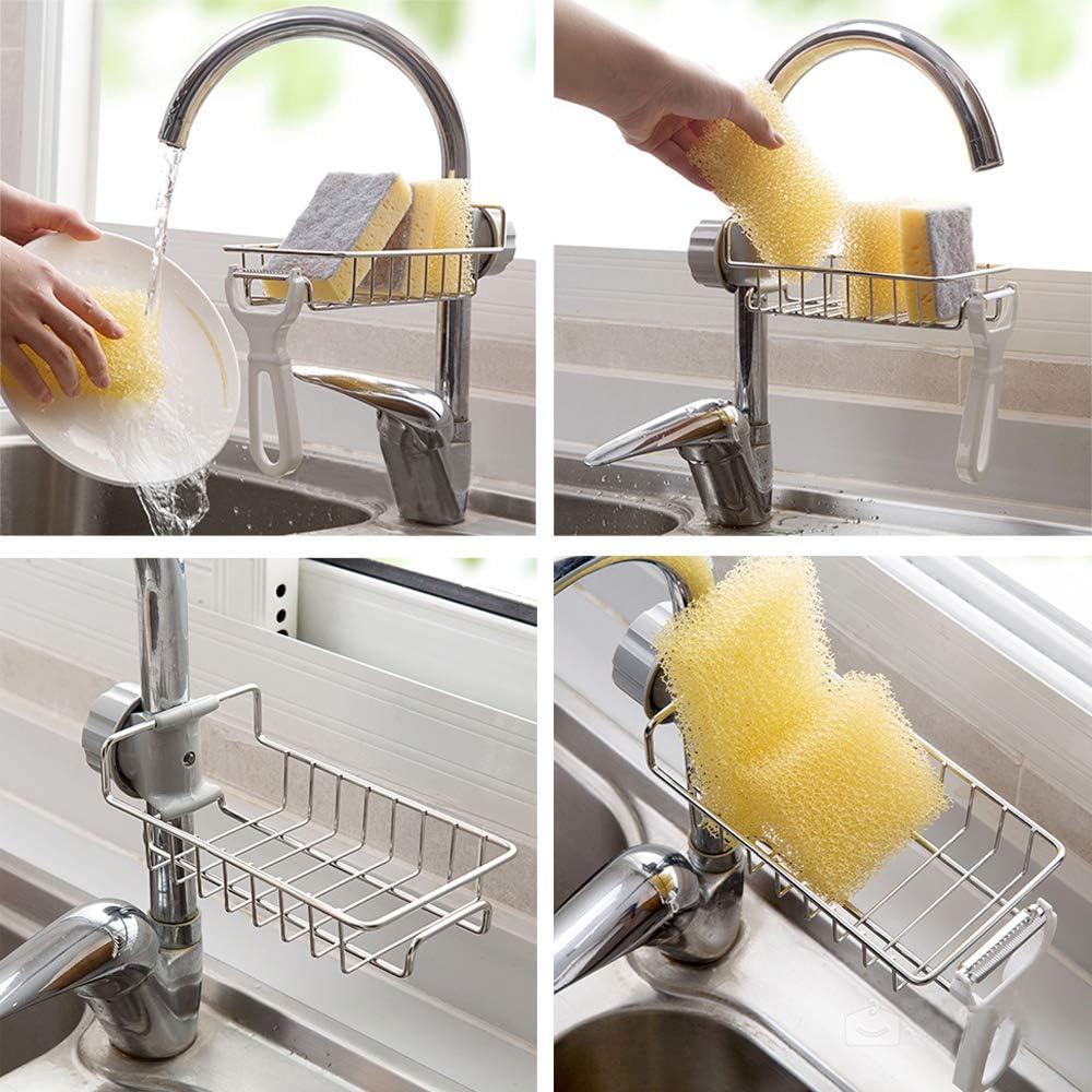 Stainless Steel Faucet Sink Caddy Sponge & Soap Organizer Rack