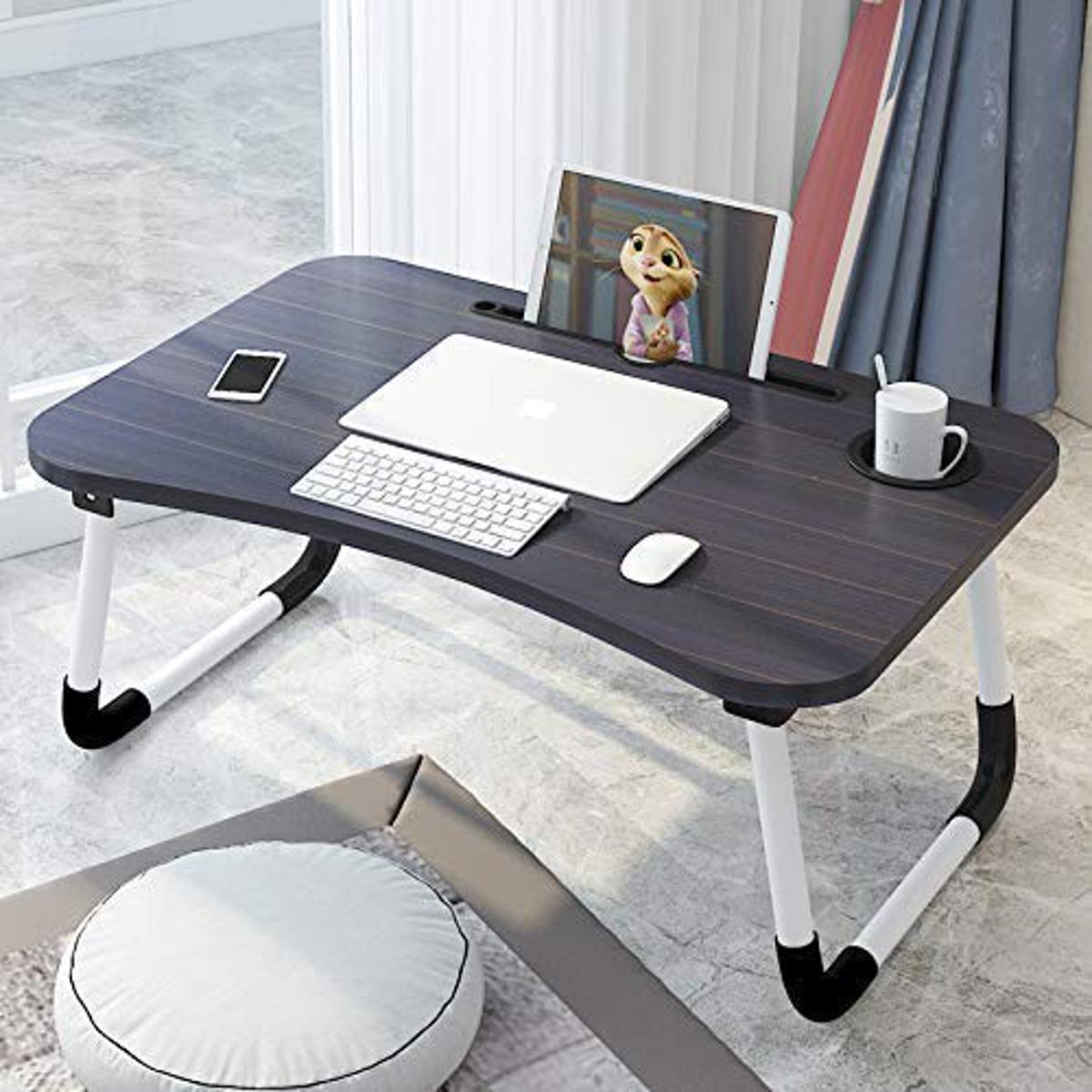 Foldable Laptop Table with Cup Holder & Tablet Slot