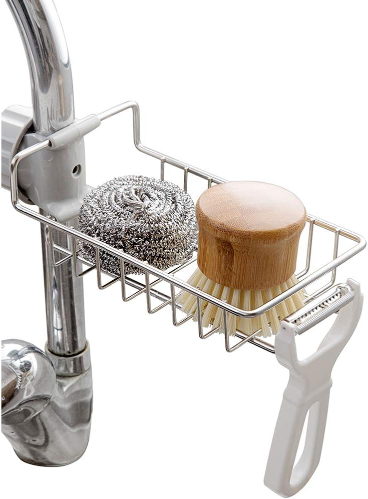 Stainless Steel Faucet Sink Caddy Sponge & Soap Organizer Rack