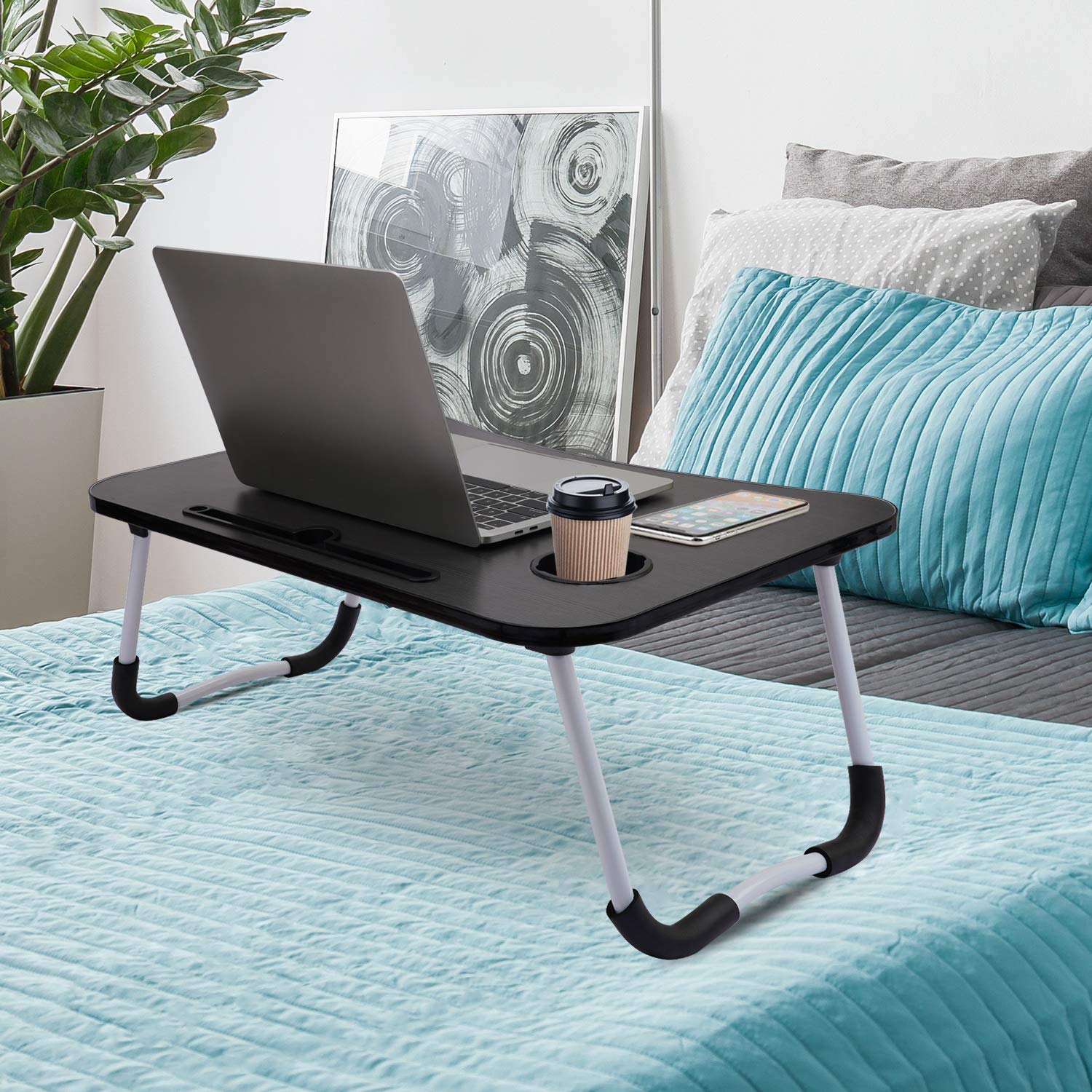 Foldable Laptop Table with Cup Holder & Tablet Slot