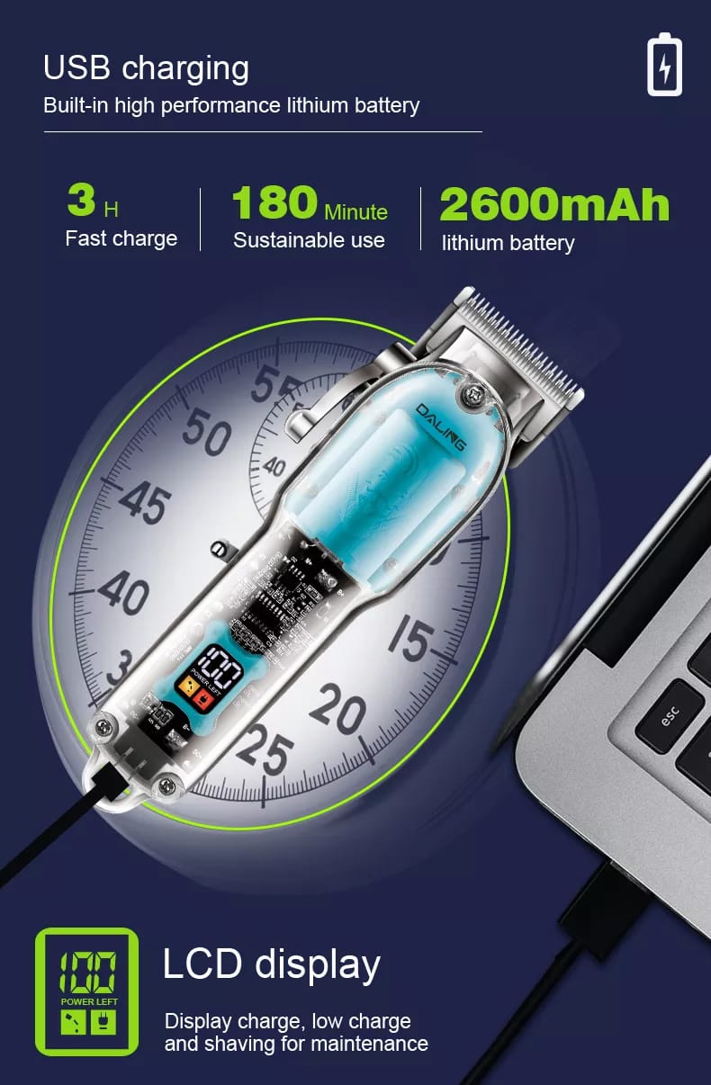 Daling Transparent Professional Hair Trimmer Rechargeable Cordless Barber Machine For Men