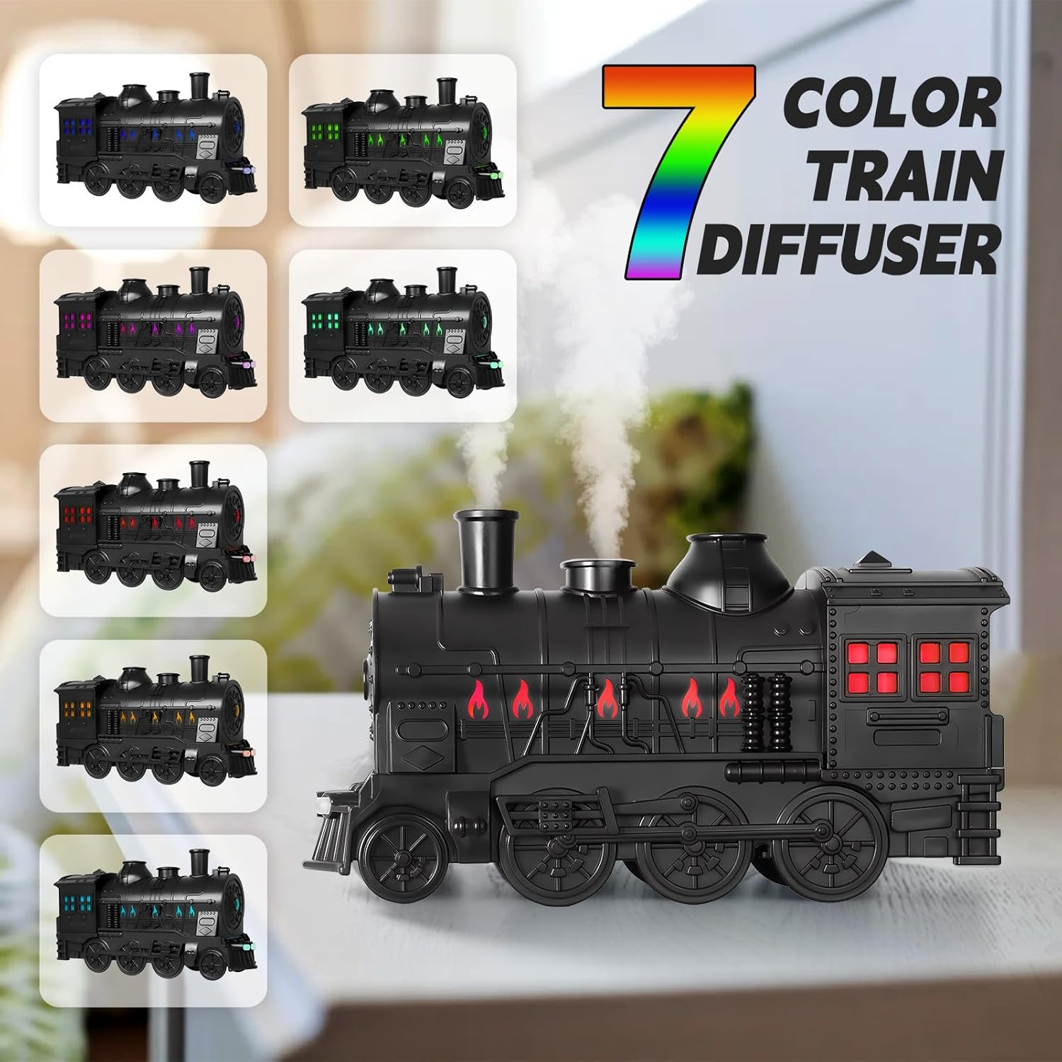 Steam Train Humidifier Dual Chimney Mist, 7 Color LED & Remote Control