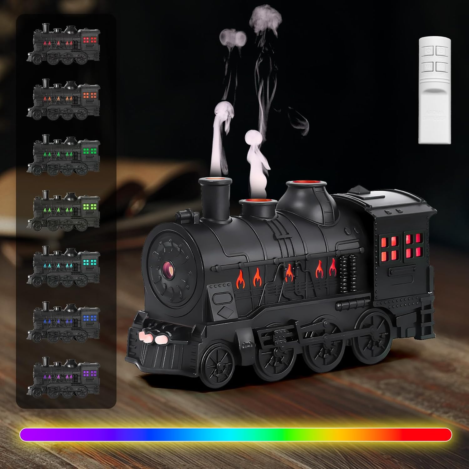 Steam Train Humidifier Dual Chimney Mist, 7 Color LED & Remote Control